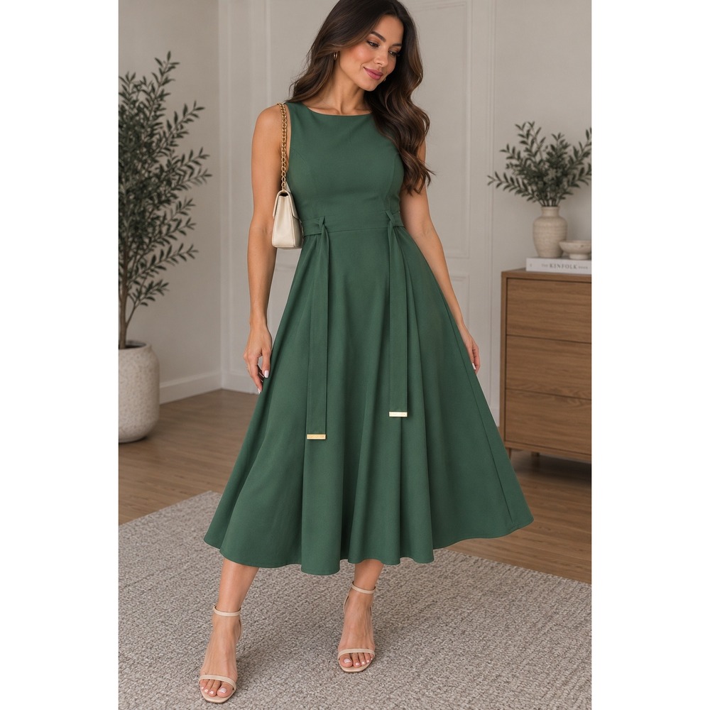 Calvin Klein Womens Forest Green Faux Suede Belted Fit Flare Dress Size 10
